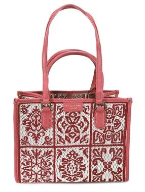 Pink Red Cream Patterned Tote Bag Leather + Jacquard NEW
